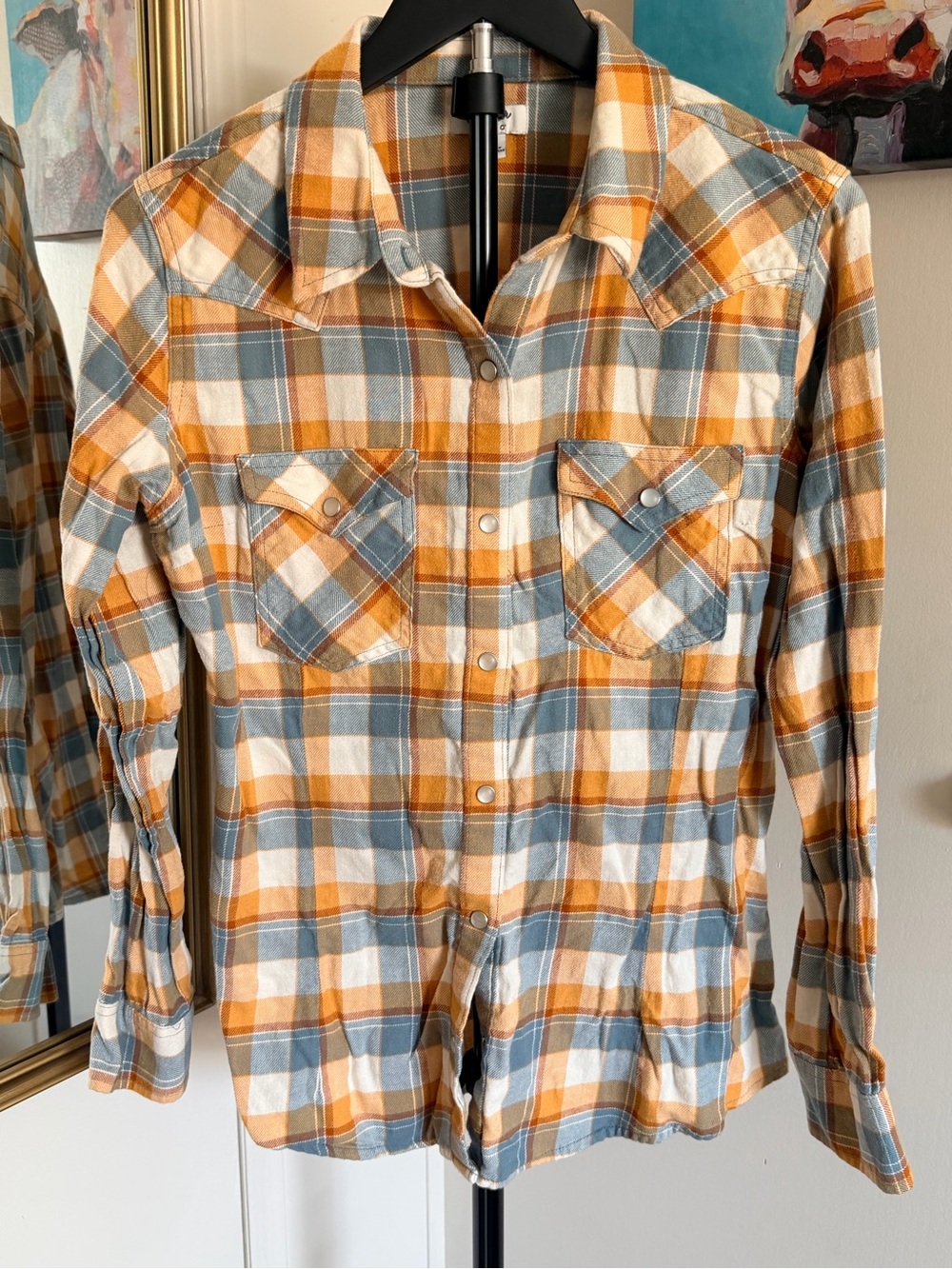 Wrangler Retro Orange Blue Plaid Snap Button Shirt Medium